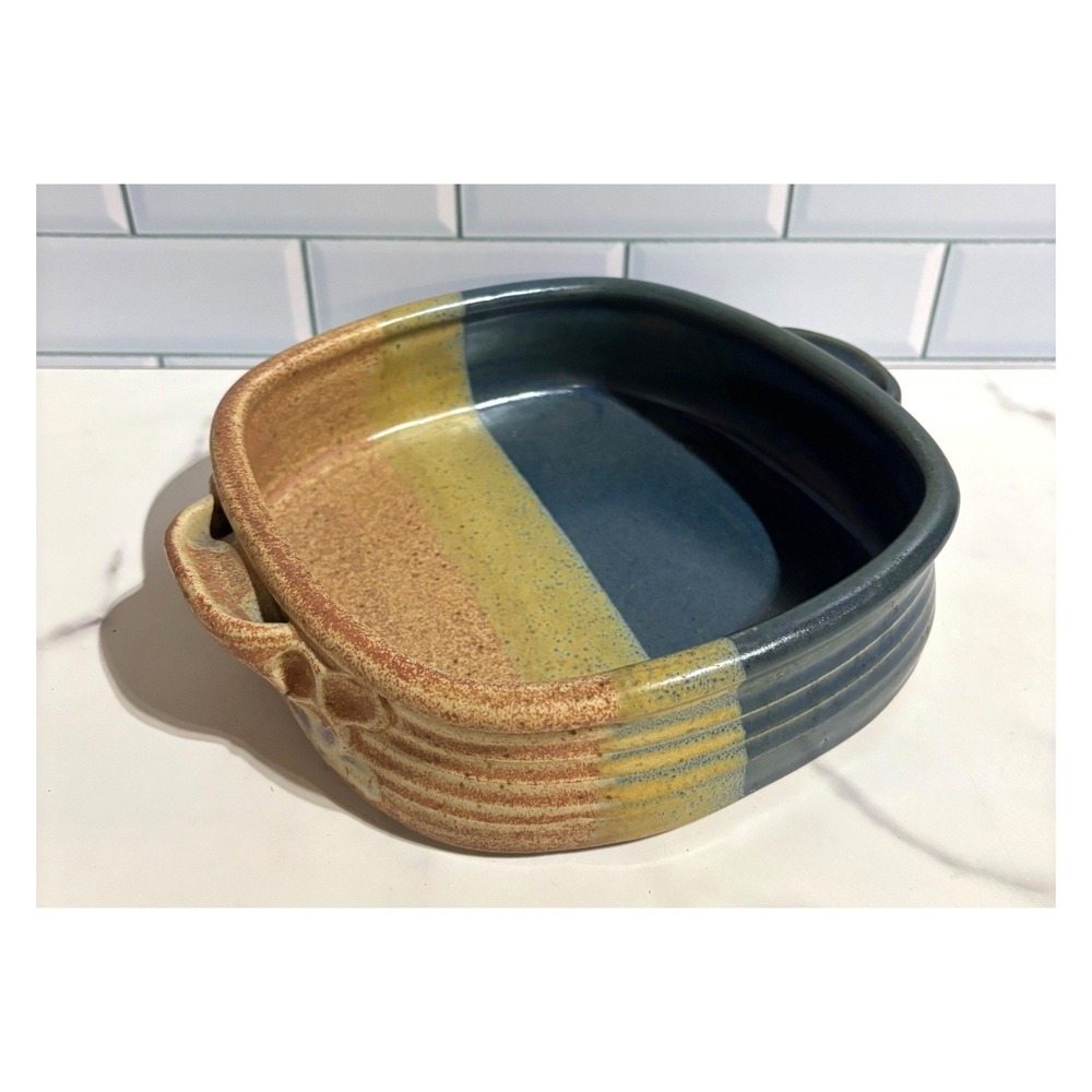 Studio Pottery Handcrafted Square Casserole Dish Blue Yellow Glazed Stoneware